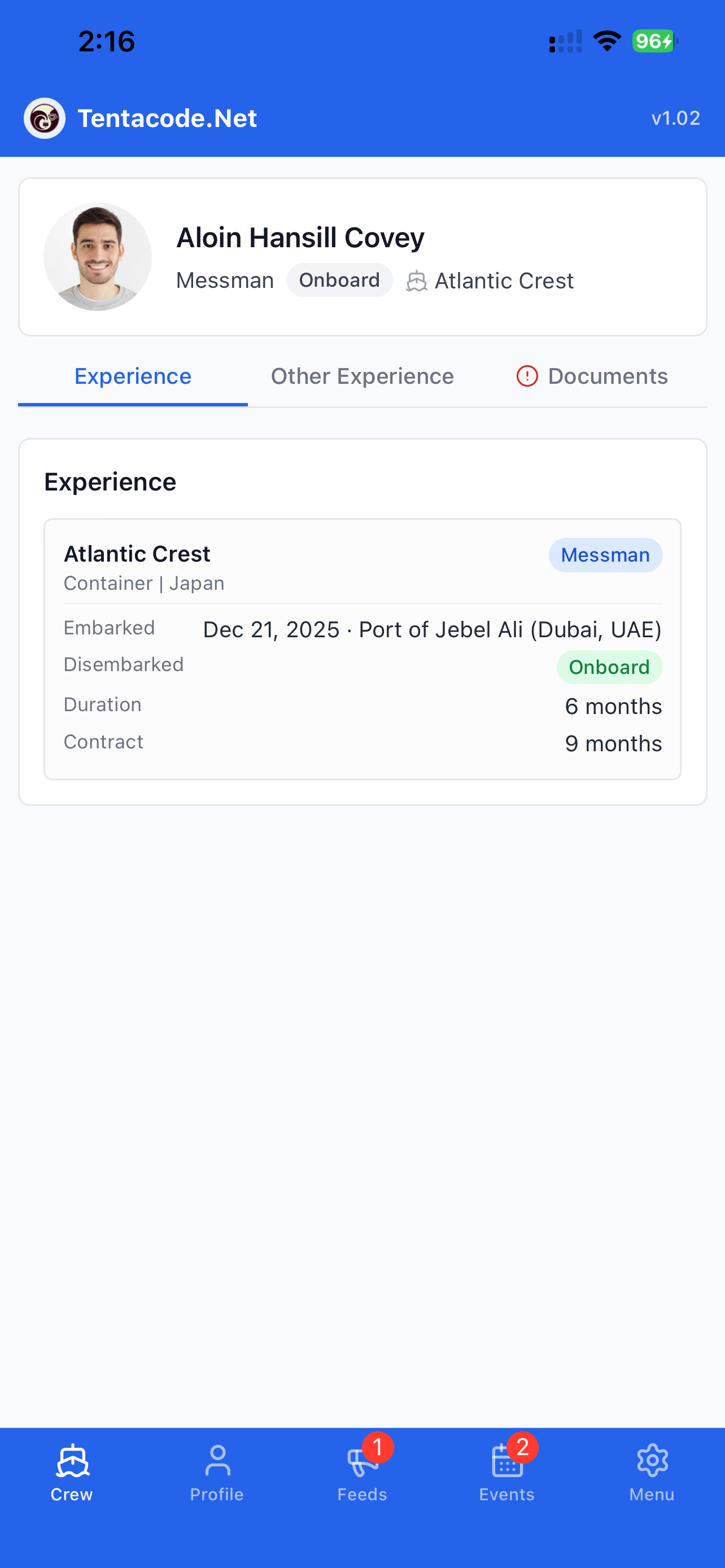 Crew Management app — crew experience screen