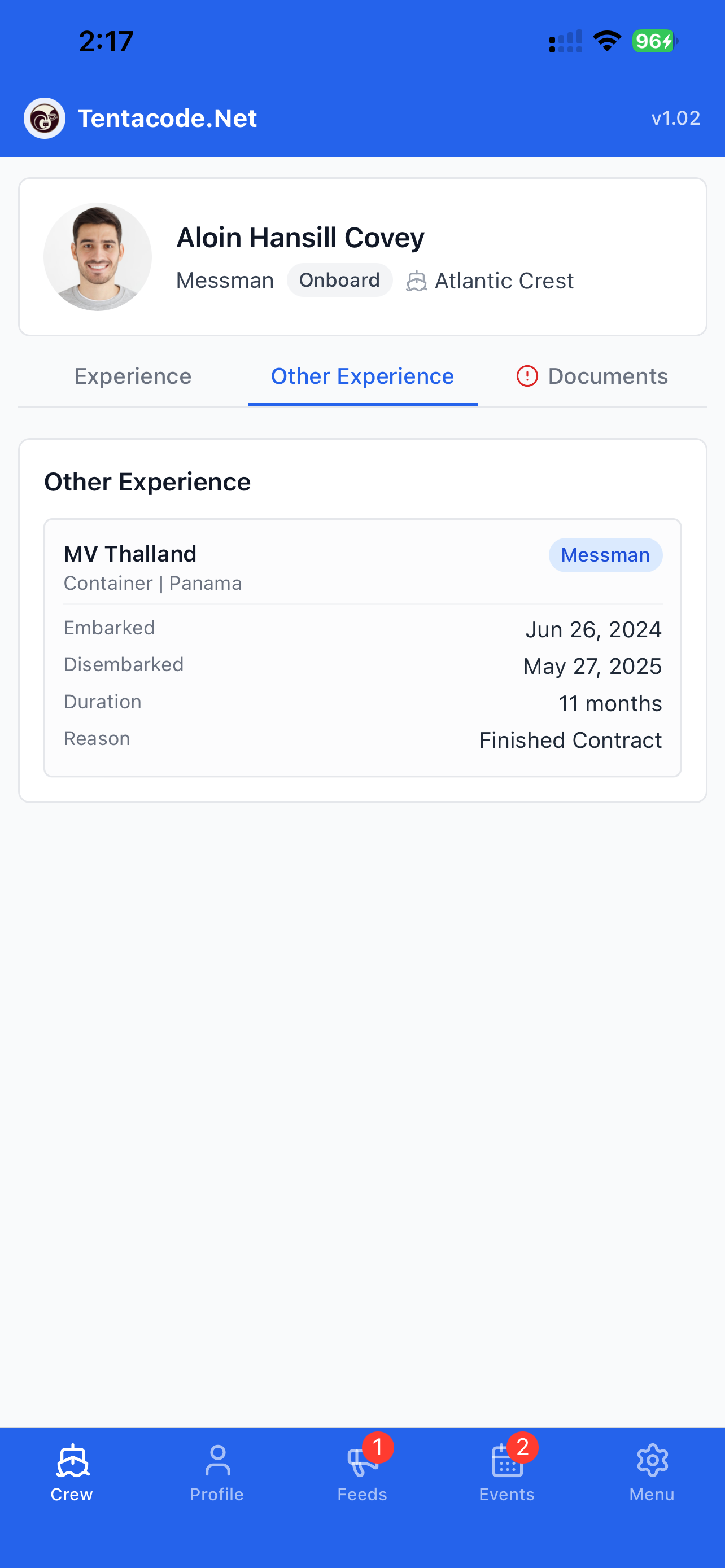 Crew Management app — other experience screen