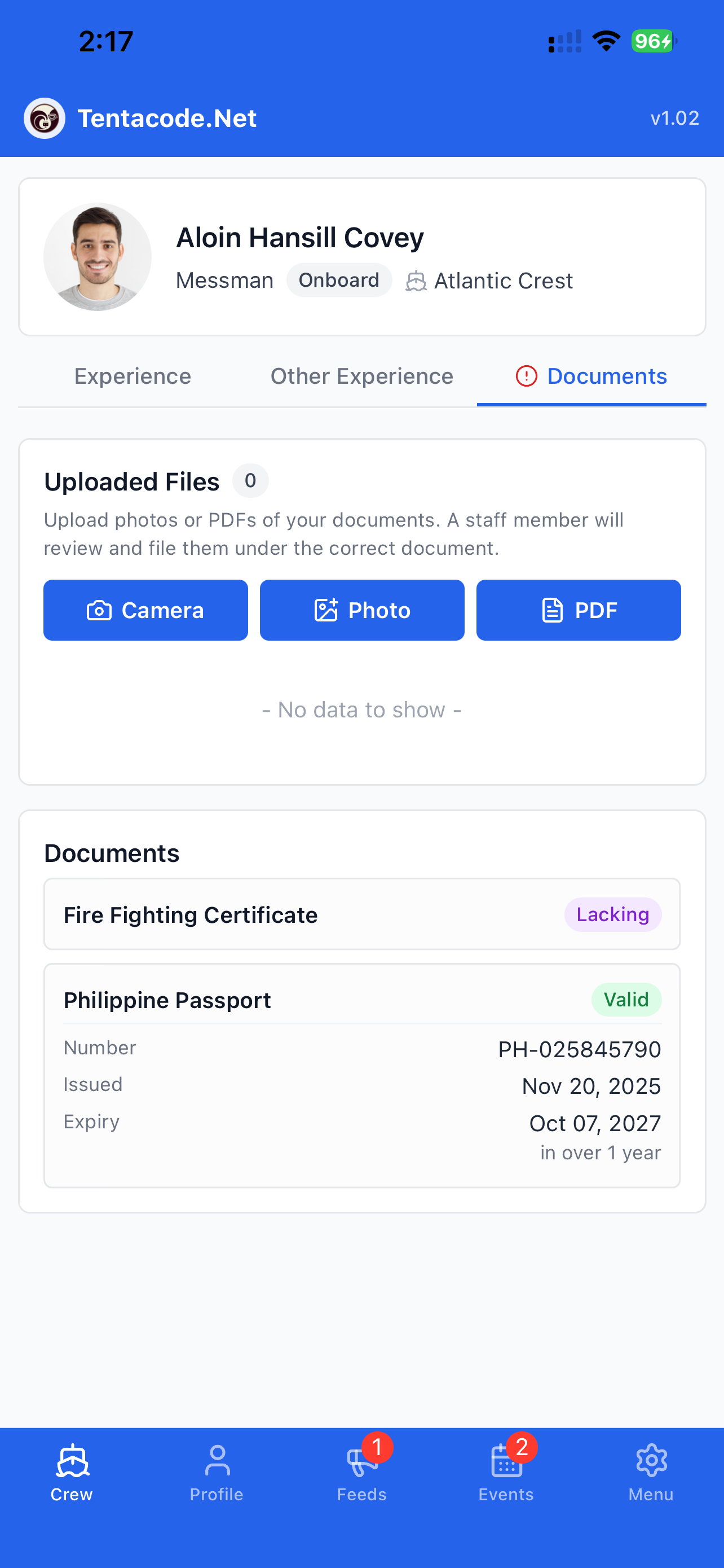 Crew Management app — documents screen
