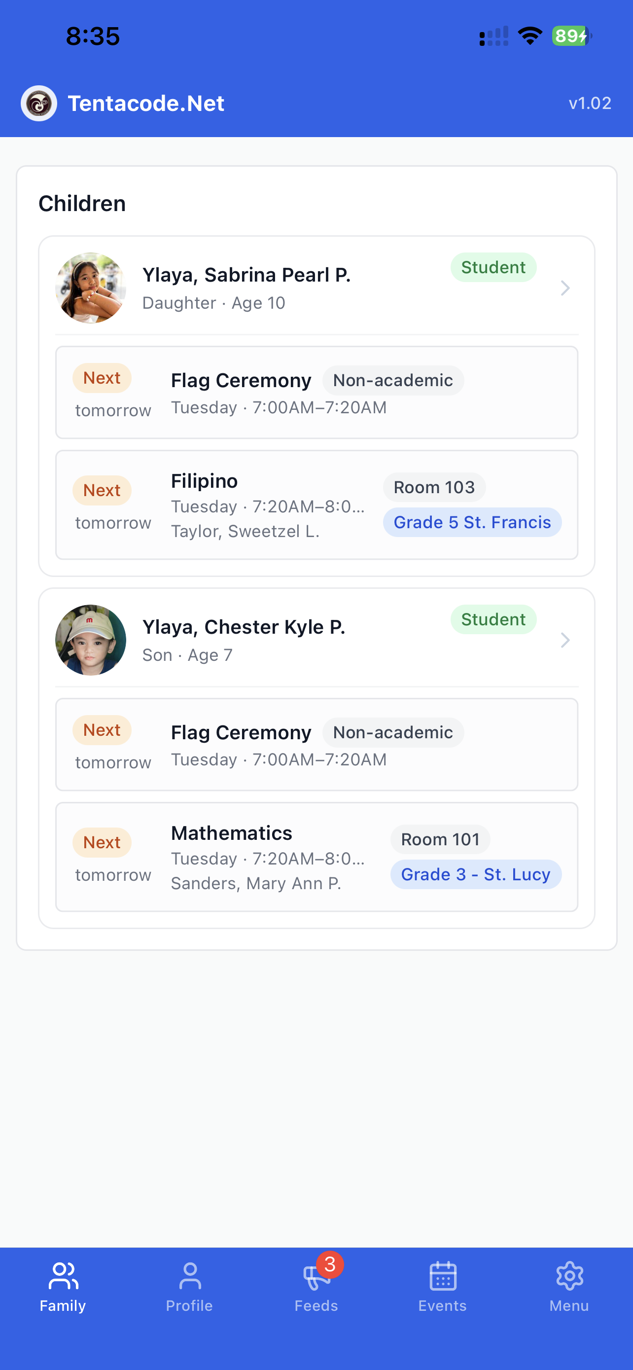 School Management app — family screen