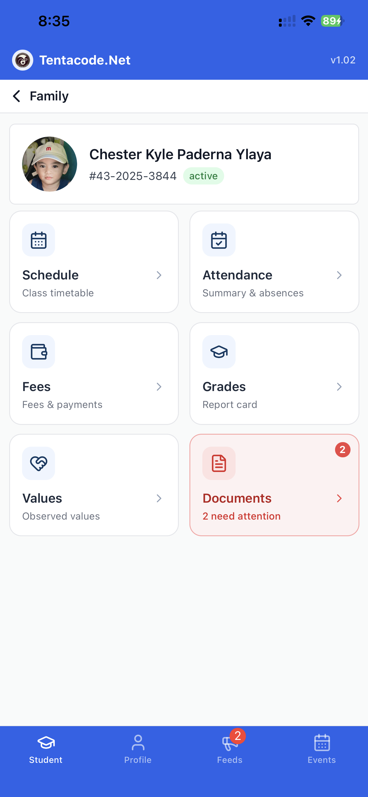 School Management app — student schedule screen